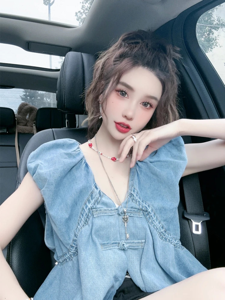 Summer Blouses Elegant Fashion All Match n Solid Color Denim Shirts Sleeveless Vintage Patchwork Womens Clothing 250523