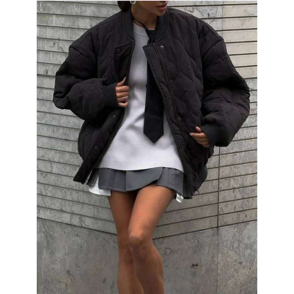 Women Quilted Warm Loose Bomber Jacket Stand Collar Solid Vintage Zip Button Pocket Spliced Outerwear Winter Chic Coat