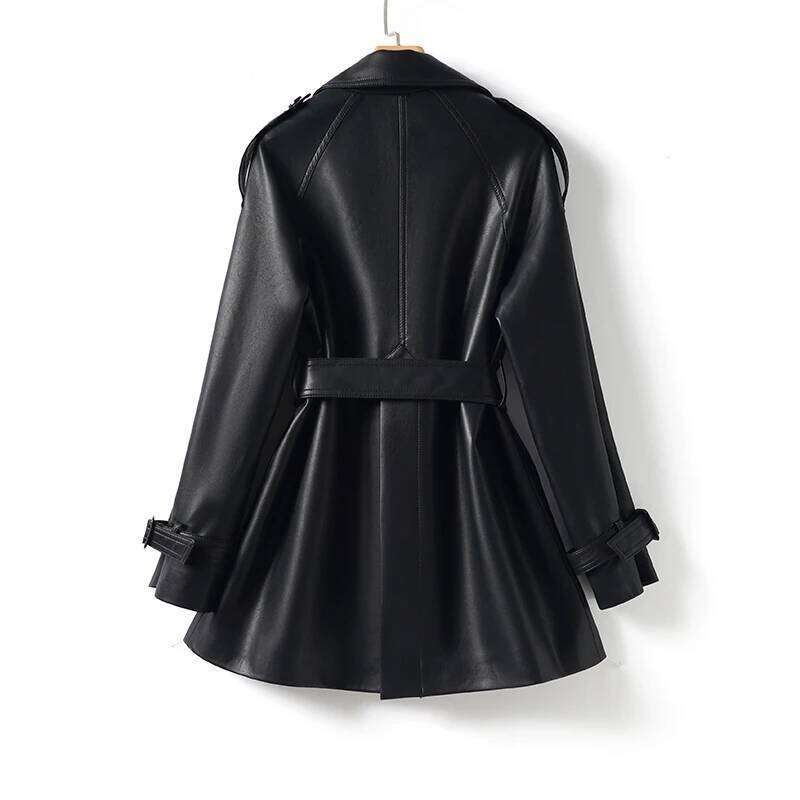 Genuine Leather Trench Autumn Winter Women's Double Breasted Sheepskin Mid Length Coat With Belt Ladies Overcoat Outerwear