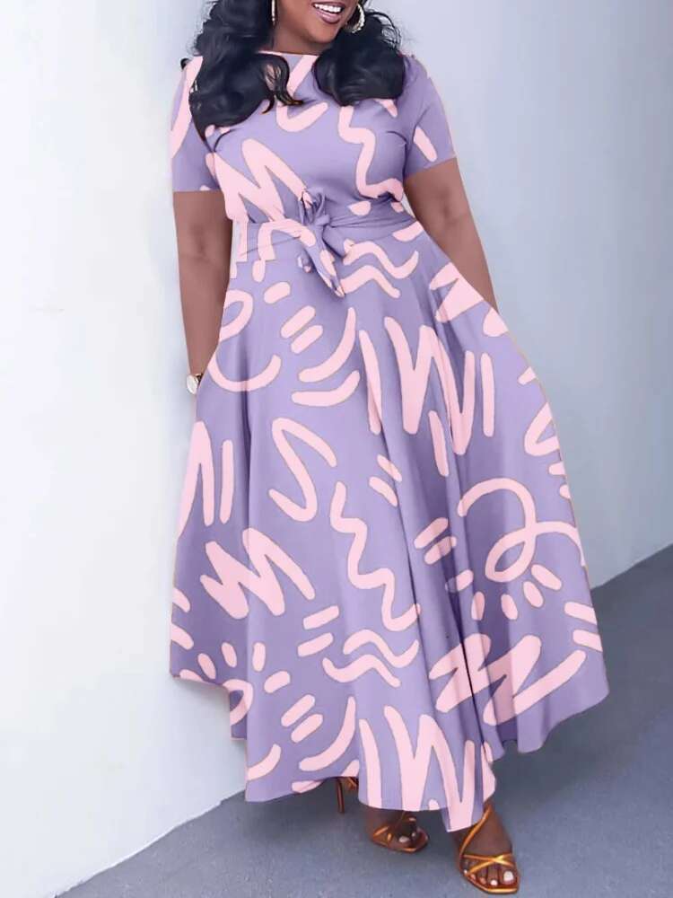 Plus Size Dresses Wholesale Printed Short Sleeve High Waist Swing Temperament Trade New Summer Maxi Dress Drop Shopping