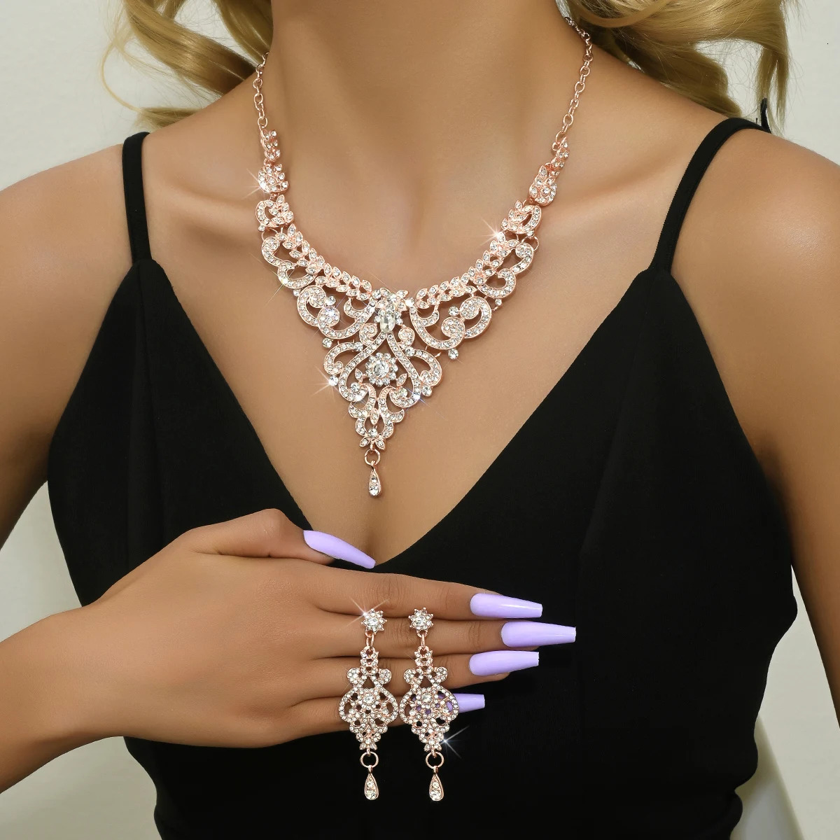 3PC Jewelry Set High end Rhinestone Womens Earrings Necklace Wedding Womens Accessories -6587 250526