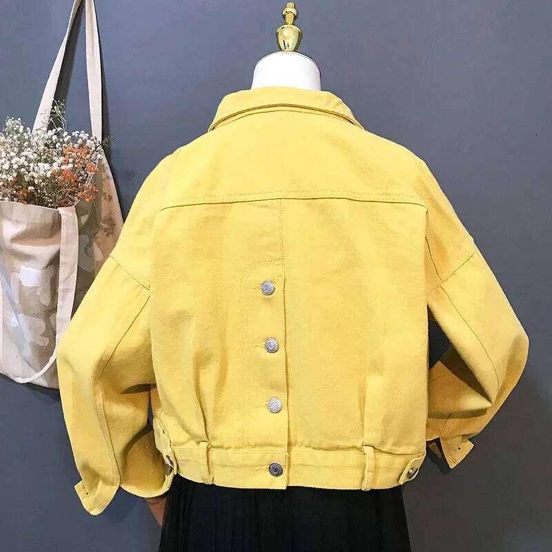 Women's Wear Green Red Yellow Purple Denim Jackets Women Loose Casual Short Cowboy Outerwear Big Pocket Batwing Sleeve Jeans Jacket Female