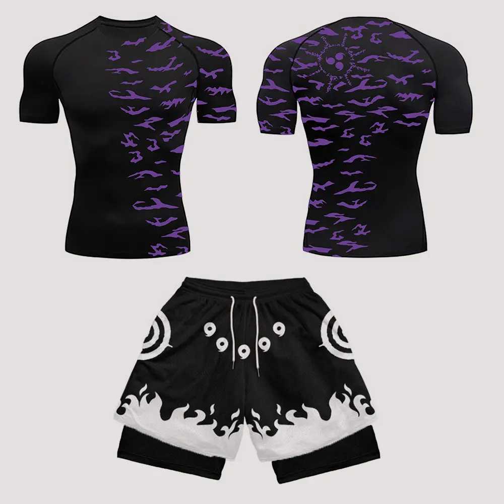 Mens Tracksuit Two Pieces Sets Anime Print Sport Suit Joggers T Shirt+shorts Mens breathable Casual Sportswear X250528