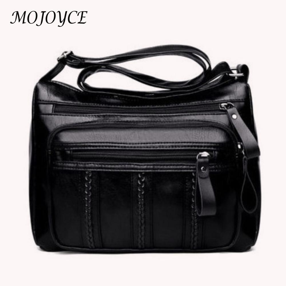 Soft Leather Women Solid Crossbody Bags Braided Multi Pocket Shoulder Handbags