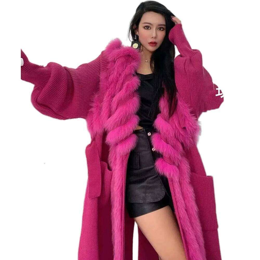 ZDFURS*2022 New Women Special Autumn Real Knitting OverSize Coat Fox Fur Collar Lady's Fashion Long Sweater Length 110cm