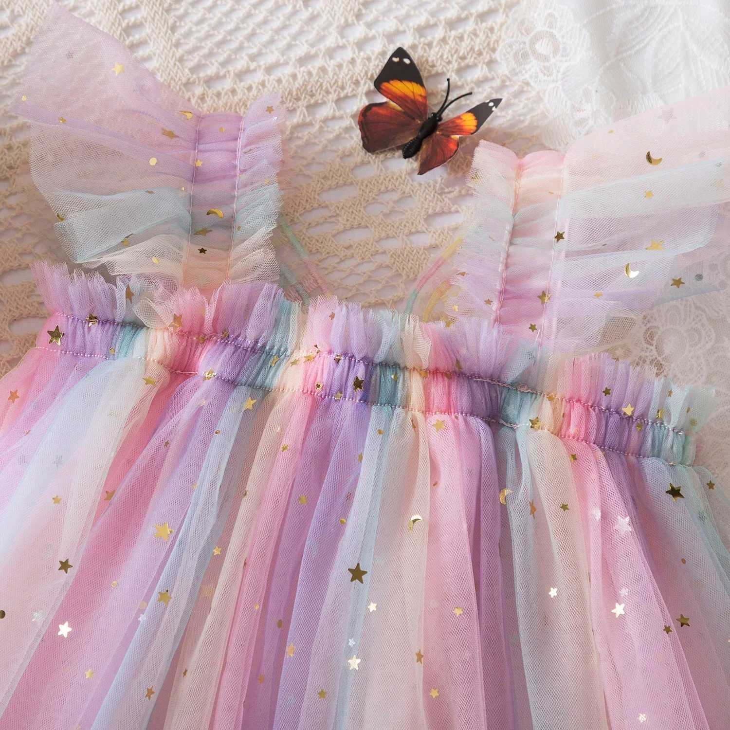 Baby Girls Rainbow Star Sequin Gradient Tulle Sling Dress 3D Butterfly Mesh Vestido Kids Birthday Christmas Party Princess Dress X250528