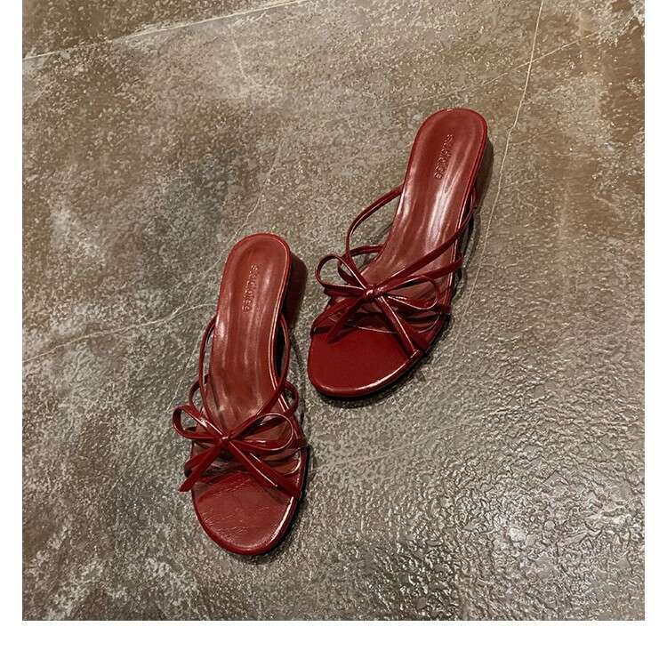 Grape Mom Studiolee~ French Sweet Bowknot Versatile Chunky Heel Open-toe Roman Sandals for Women Outdoor Wear