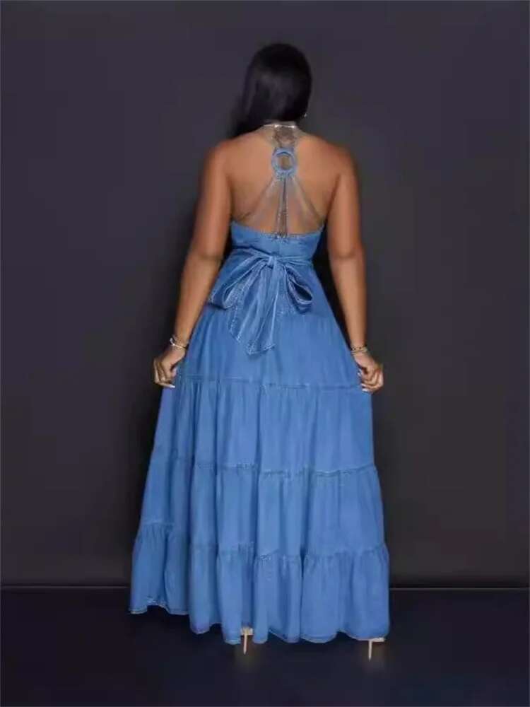 Denim Dresses for Women 2025 Elegant New Sweet Sexy Deep V Neck Halter Bandage Belt Long Dress Wholesale Dropshipping
