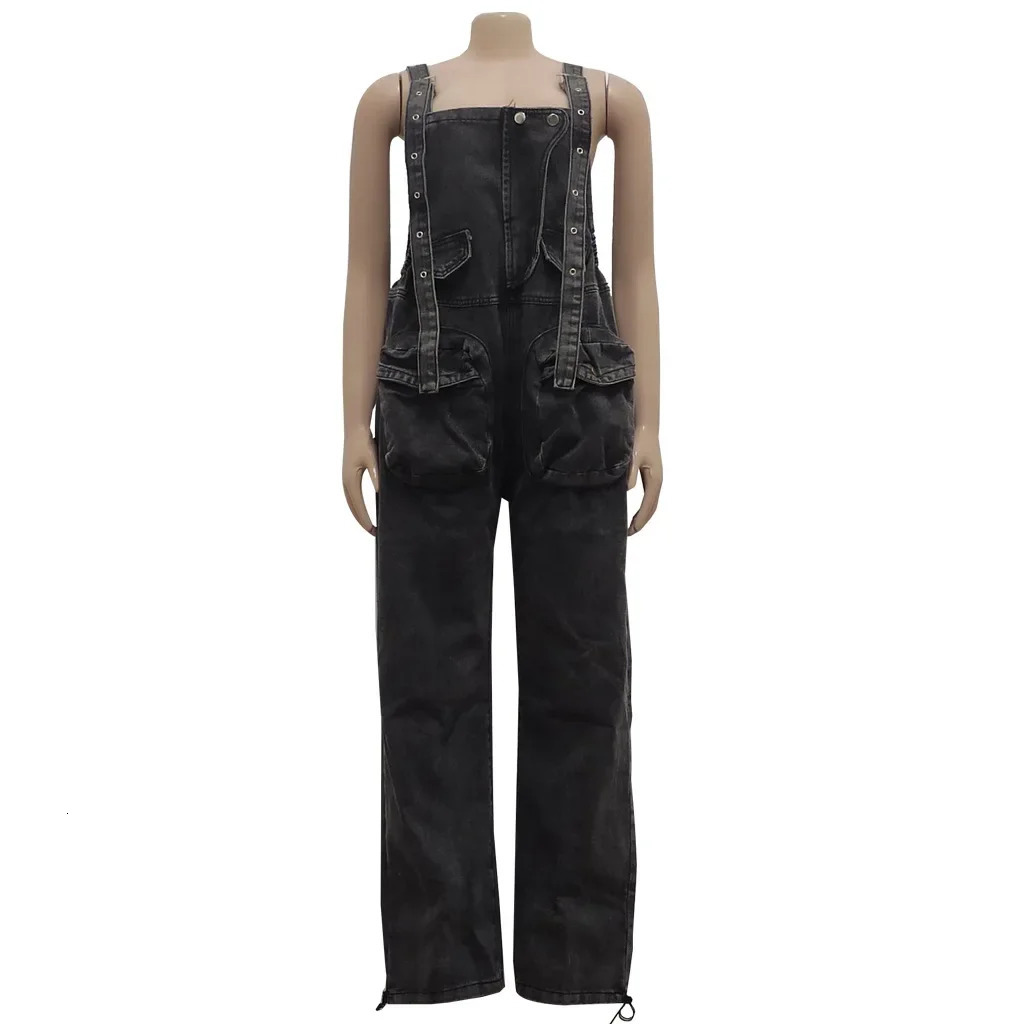 Jumpsuits Denim Women Overalls Suspenders Solid Straight Long Pants Loose Casual Regular One Piece High Waist Pockets 250523