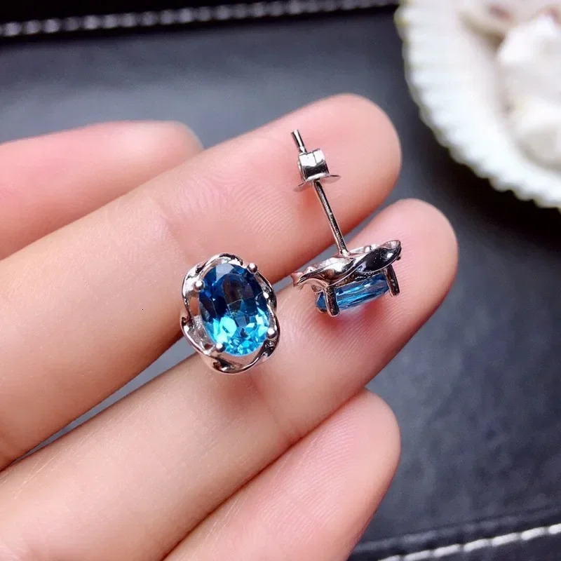 Natural Bule Topaz Stud Earring for Women 925 Sterling Silver Jewelryv Female Blue Sapphire Oval Earrings 250527