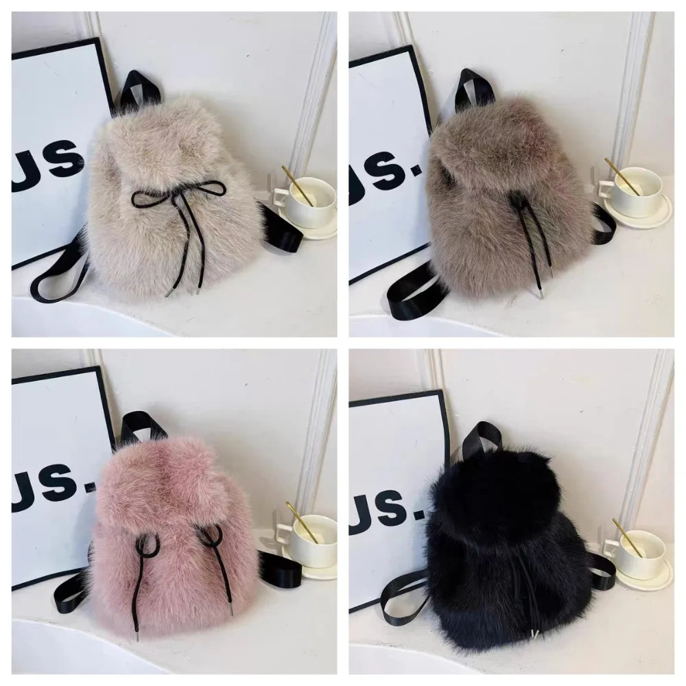 Fashion Solid Color Faux Fur Drawstring Bag Fluffy Knapsack Plush Backpack Large Capacity Soft Flap Bag Women 250527
