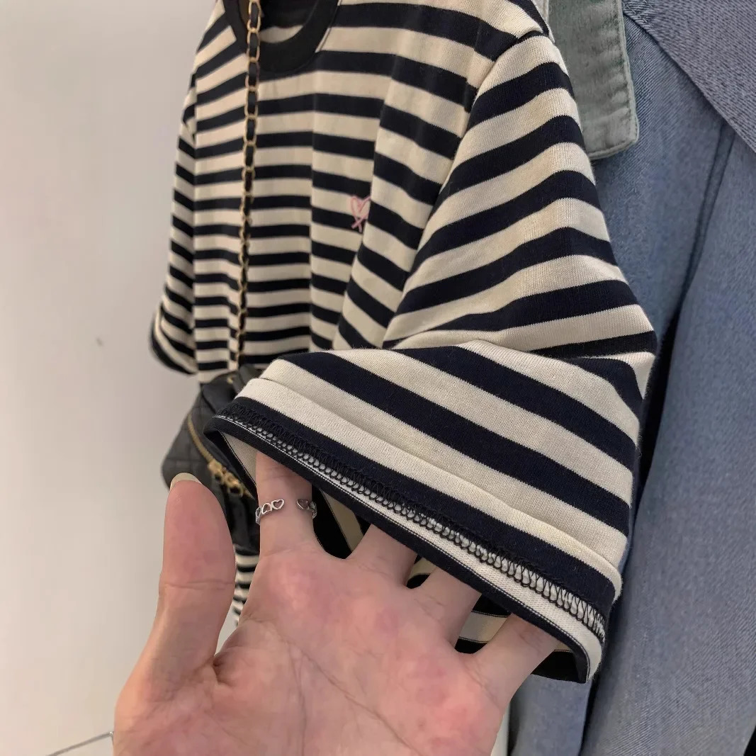 Plus Size 300 Pounds Color Block Striped Short Sleeve TShirt Women Summer Loose round Neck Korean Style Casual Versatile Top 250519