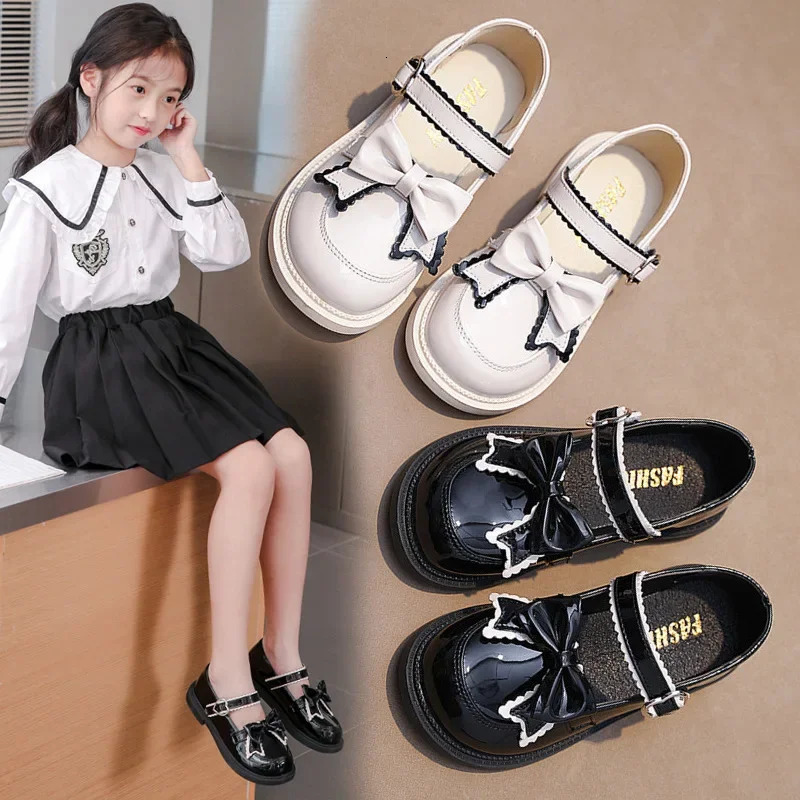 Girls Princess Leather Shoes Spring Autumn Black Childrens Flats Fashion Sweet Kids Bowknot Mary Jane Shoes Glossy Thick Bottom 250528