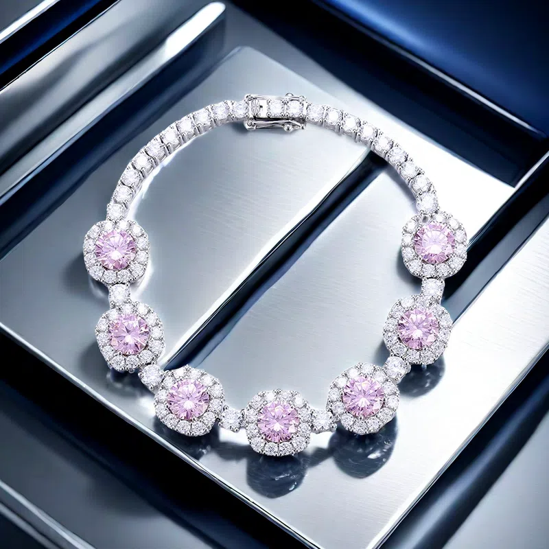 S925 sterling silver 3CT*7 high carbon pink diamond women's bracelet, luxurious inlay, exquisite and fashionable, princess-style bracelet, cross-