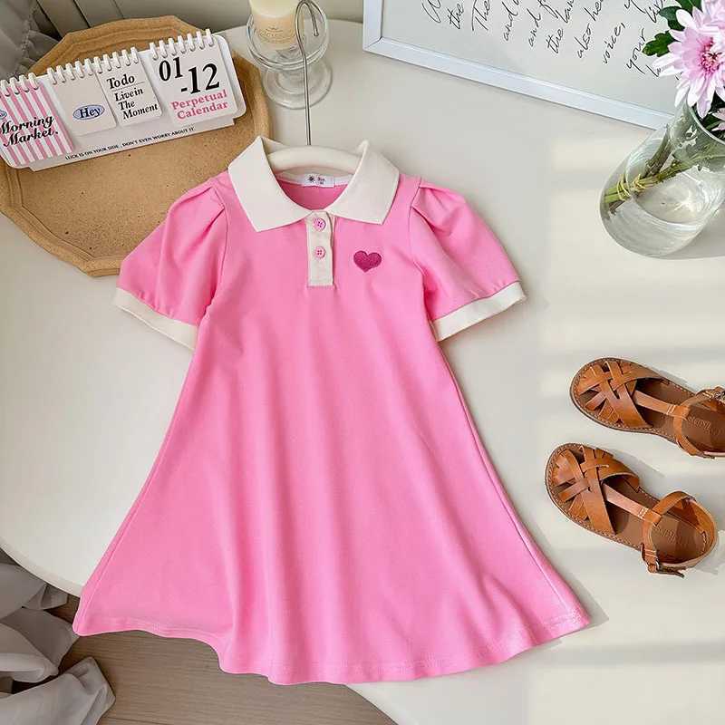 Casual Polo Dress for Kids Girl Summer Sweet Puff Sleeve A-line Fashion Embroidery Heart Pink White Fashion Outfits Girl Clothes X250528