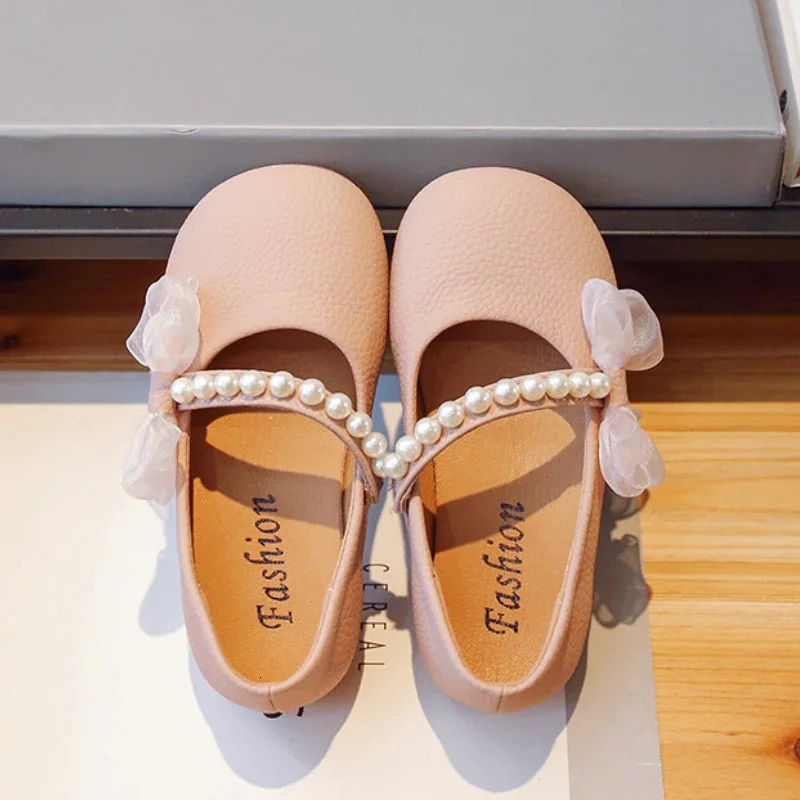 Girl Princess Leather Shoes Chic Versatile Soft Elegant Fashion Lace Bowknot Beading Kid Loafers Wedding Slip-on Mary Janes 250528