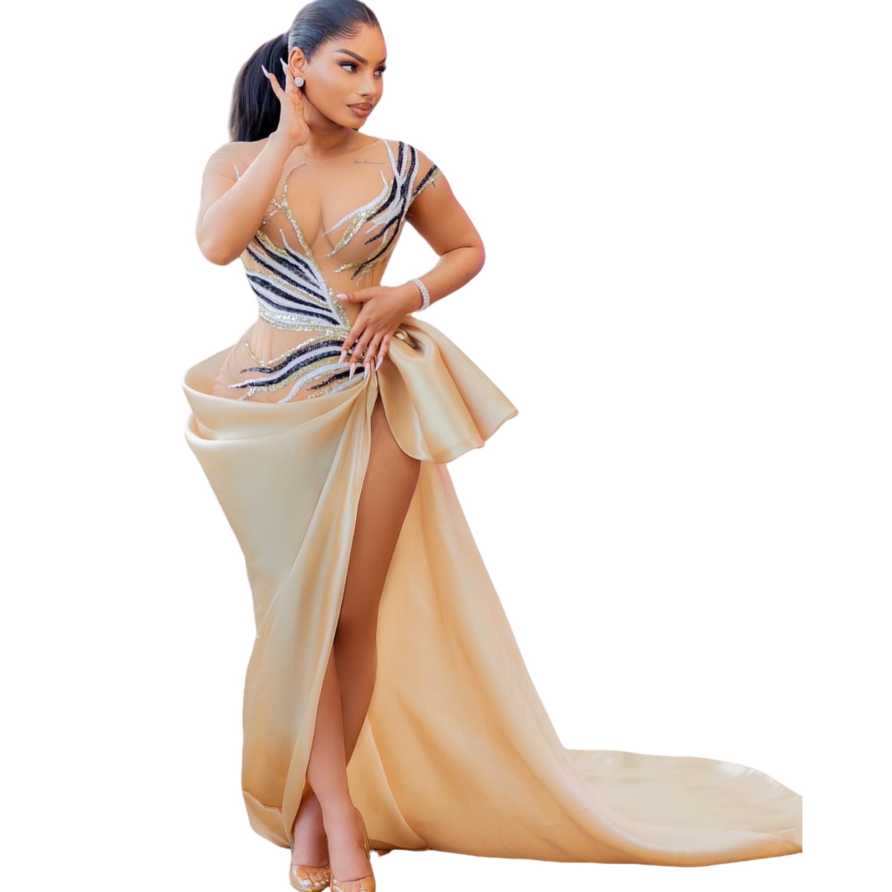 Champagne Mermaid Prom Dresses 2025 Organza Sequined High Split Evening Formal Party Second Birthday Engagement Gowns Plus Size Dress For Special Occa