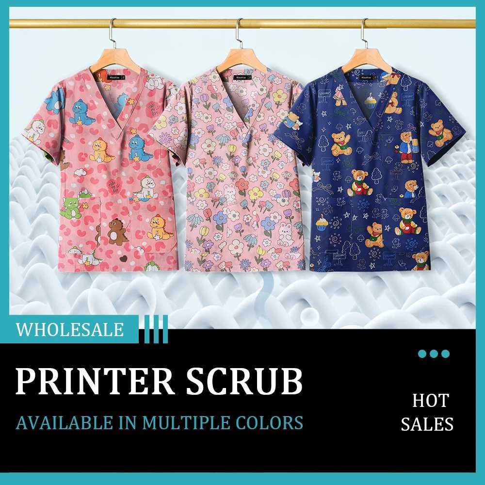 Printing Cartoons Surgical Gown Short-Slved T-shirt Cotton Operating Room Doctor Scrub Top Men Overalls Nursing Uniforms Women X250528