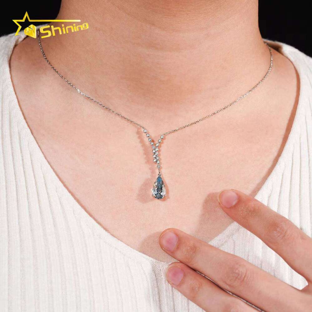 Trendy AU750 Solid Real Gold Dia Women Fine Jewelry Pear Cut Lab Sapphire Pendant Necklace