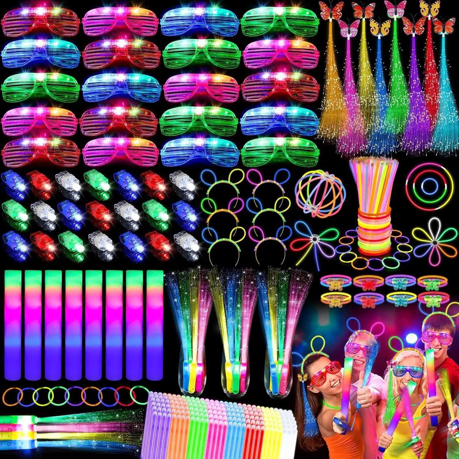 298-Pack LED Party Supplies 12 Fiber Wands 20 LED Glasses 8 Foam Sticks 200 Glow Bracelets for Wedding Birthday W250528