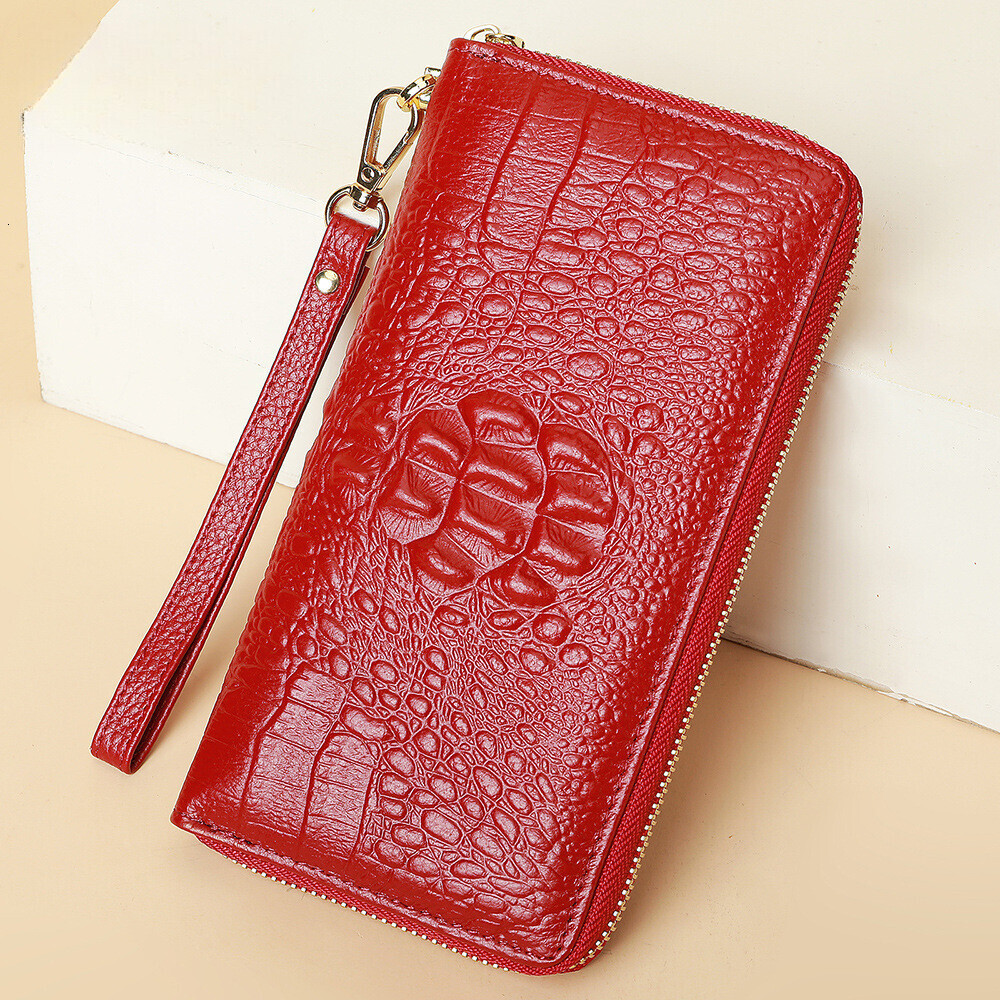 Free Shipping Designer Wallet Women's Leather Long Style Temperament Handbag Crocodile Pattern Head Layer Cowhide Phone Bag Zipper Card Bag Busin