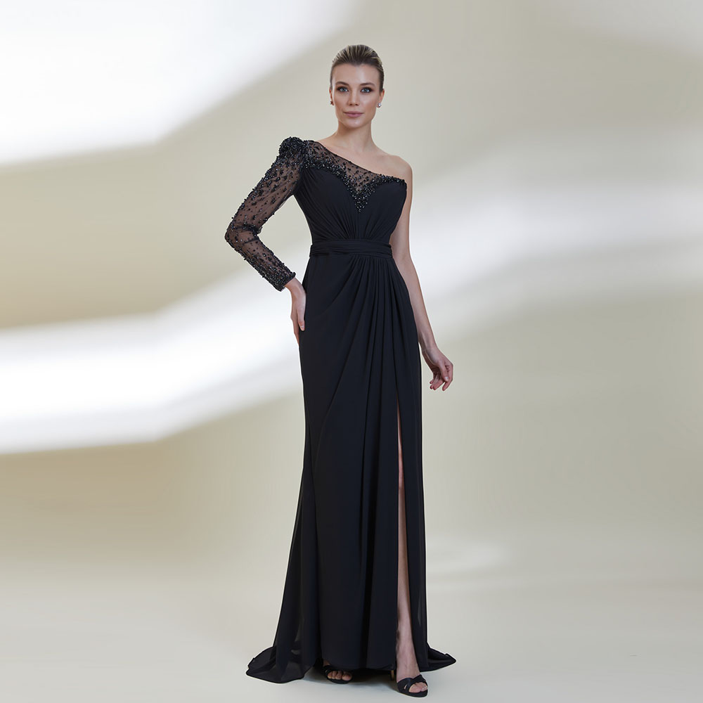 Fabulous One-Shoulder Evening Dresses Beading Pearls Split Show Figure Sexy Prom Dresses Illusion Floor-Length Party Gown