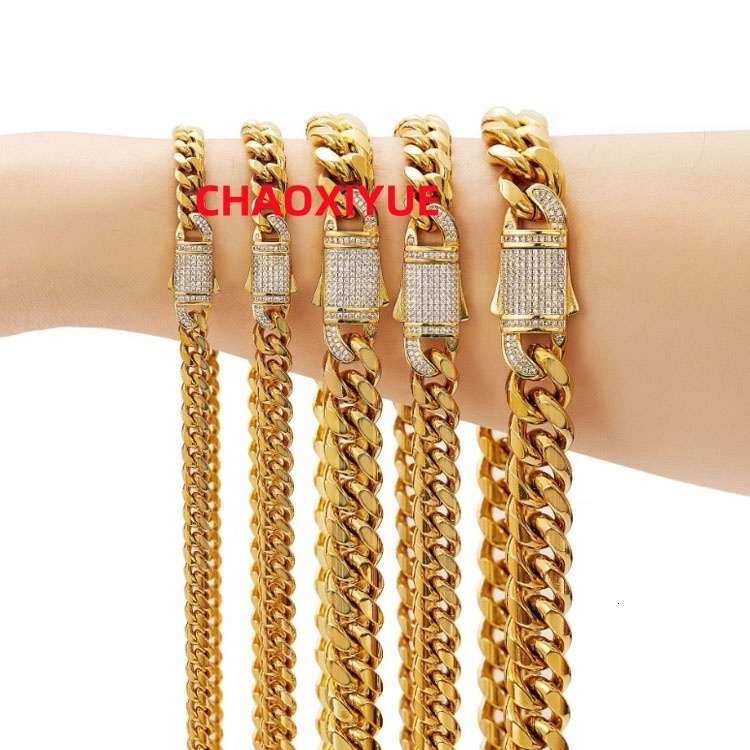 Fashion Hip Hop Gold Plated Stainless Steel Men Moissanite Baguette Cuban Link Chain Jewelry Tarnish Free