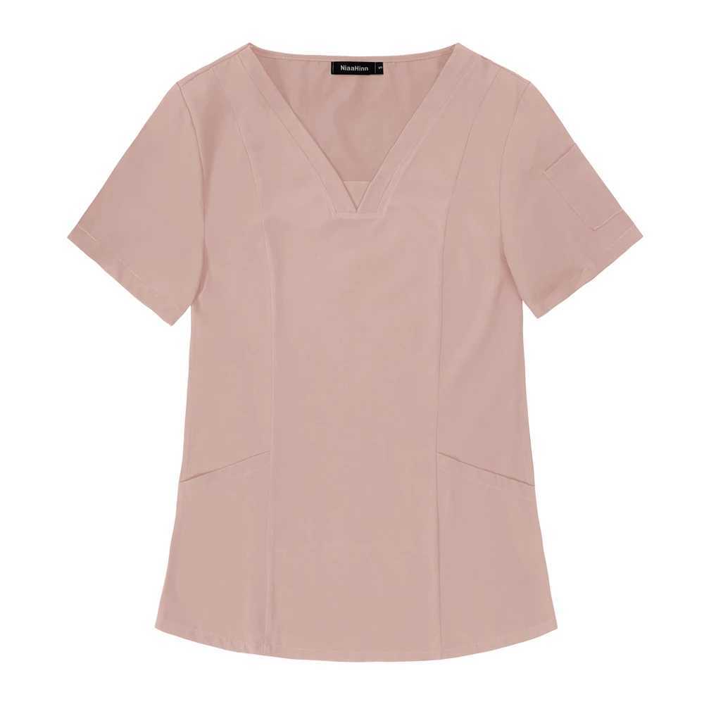 High Quty Elasticity Pet Clinic Nurse V-neck Medical Shirt Doctor Work Clothing T-shirt Solid Color Nursing Women Uniforms X250528