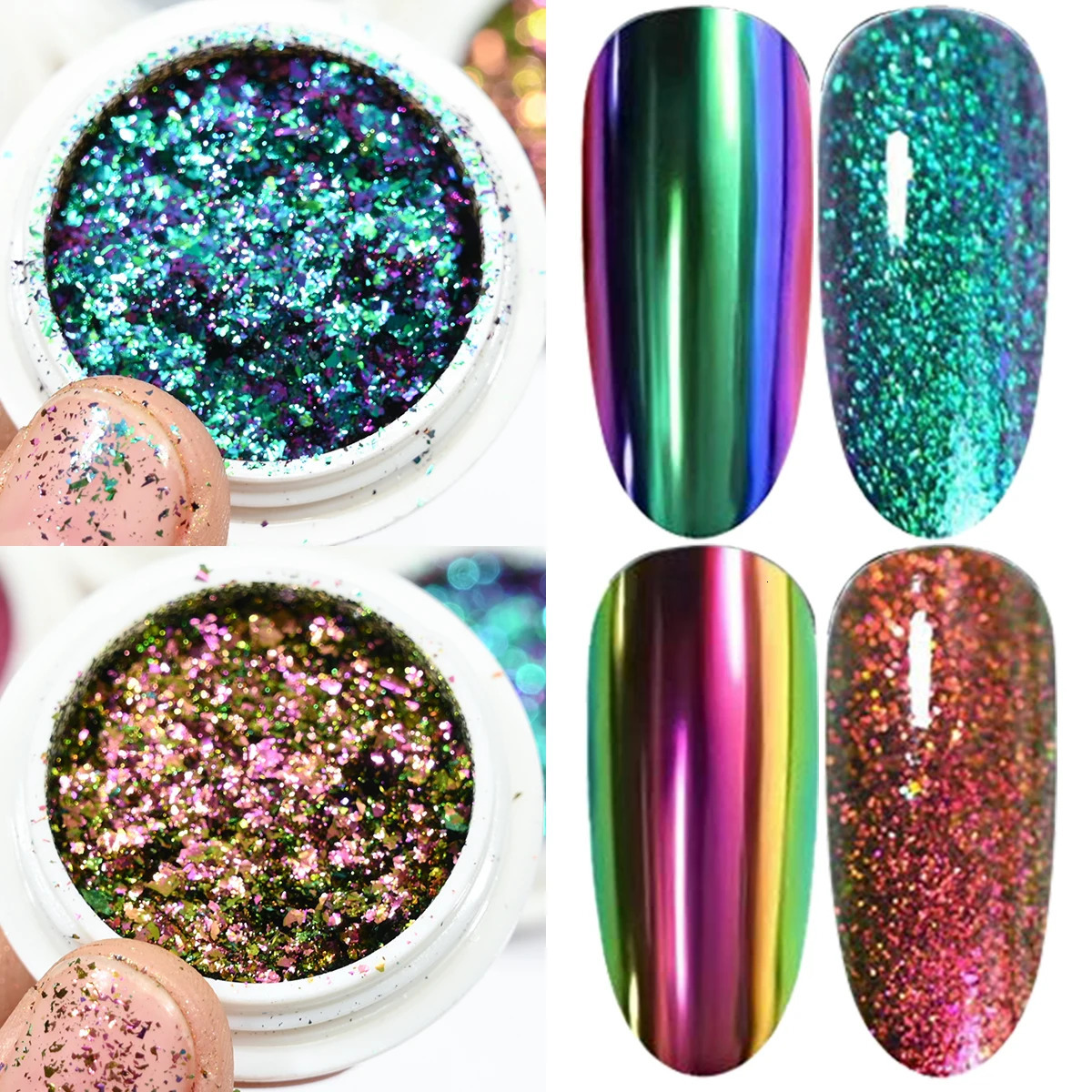 6Jar/Set Chameleon Chrome Nail Powder Set 6Color Iridescent Chameleon Nail Effect Opal Nails Powder DIY Manicure Glitter Powders 250523