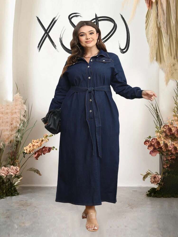 Long Denim Dress Sleeves Winter Plus Size Dress Women Elegant Luxury Cardigan Casual Denim Dress Wholesale Dropshipping