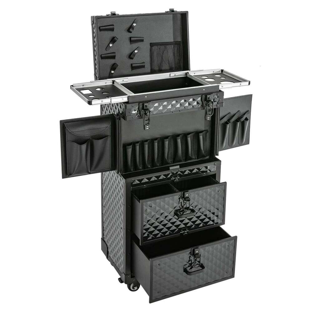 Professional Makeup Train Case, Multi-Layer Storage, Secure Locks, Stylish Black Design