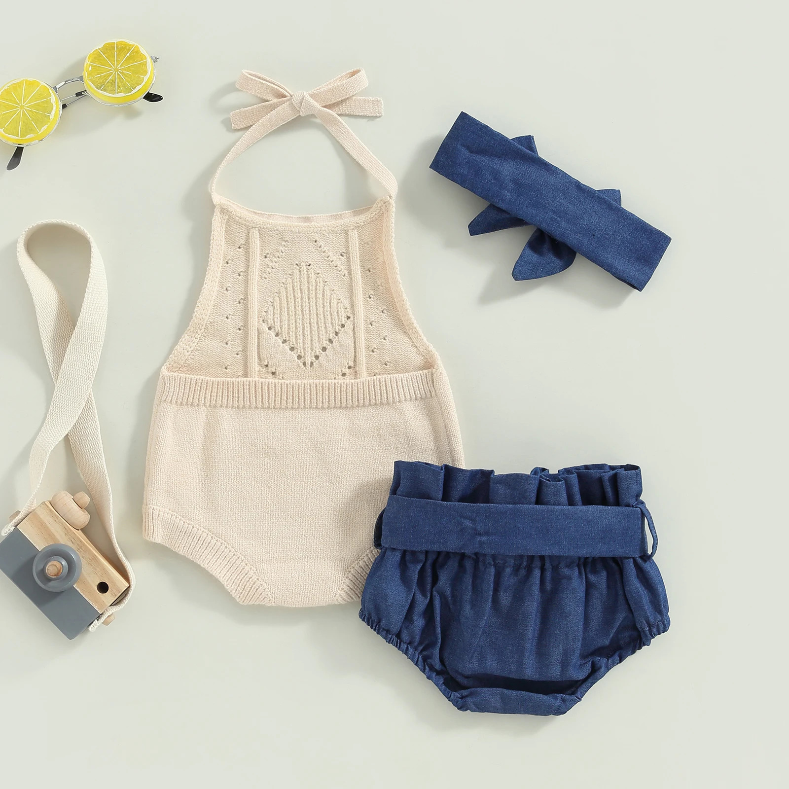 Citgeett Summer Infant Baby Girl Outfit Solid Color Halter Neck Knit Sweater Romper Denim Shorts Belt Headband Clothes Set 250528