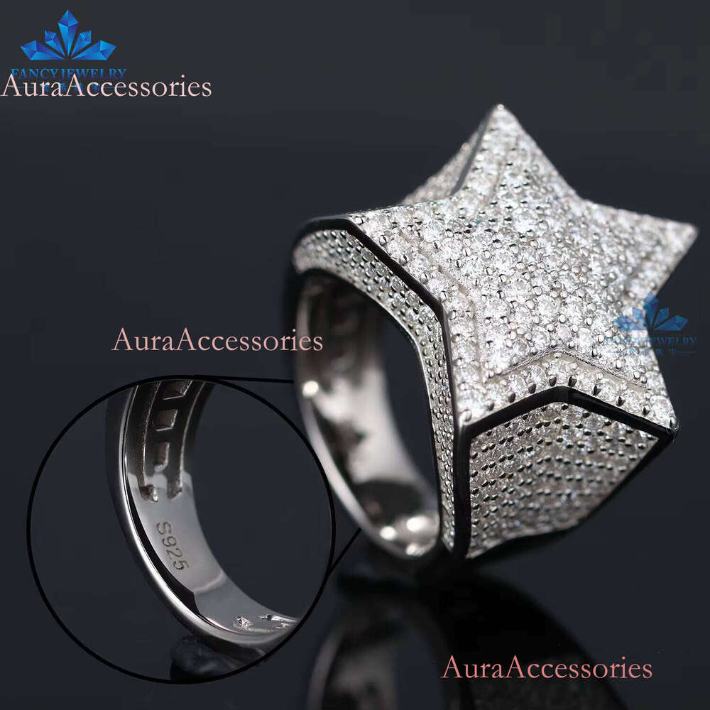 Cheap Price Unisex Moissanite Hip Hop Durable Sier Jewelry Ice Out Five Star Finger Ring for Daily Wear