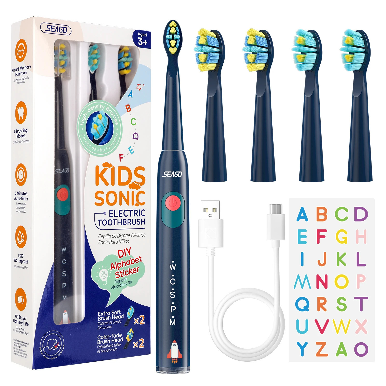 Seago Kids Electric Toothbrush for 6Years 5 Modes Rechargeable IPX7 Waterproof Power Sonic Replacement Head SG2303 250519