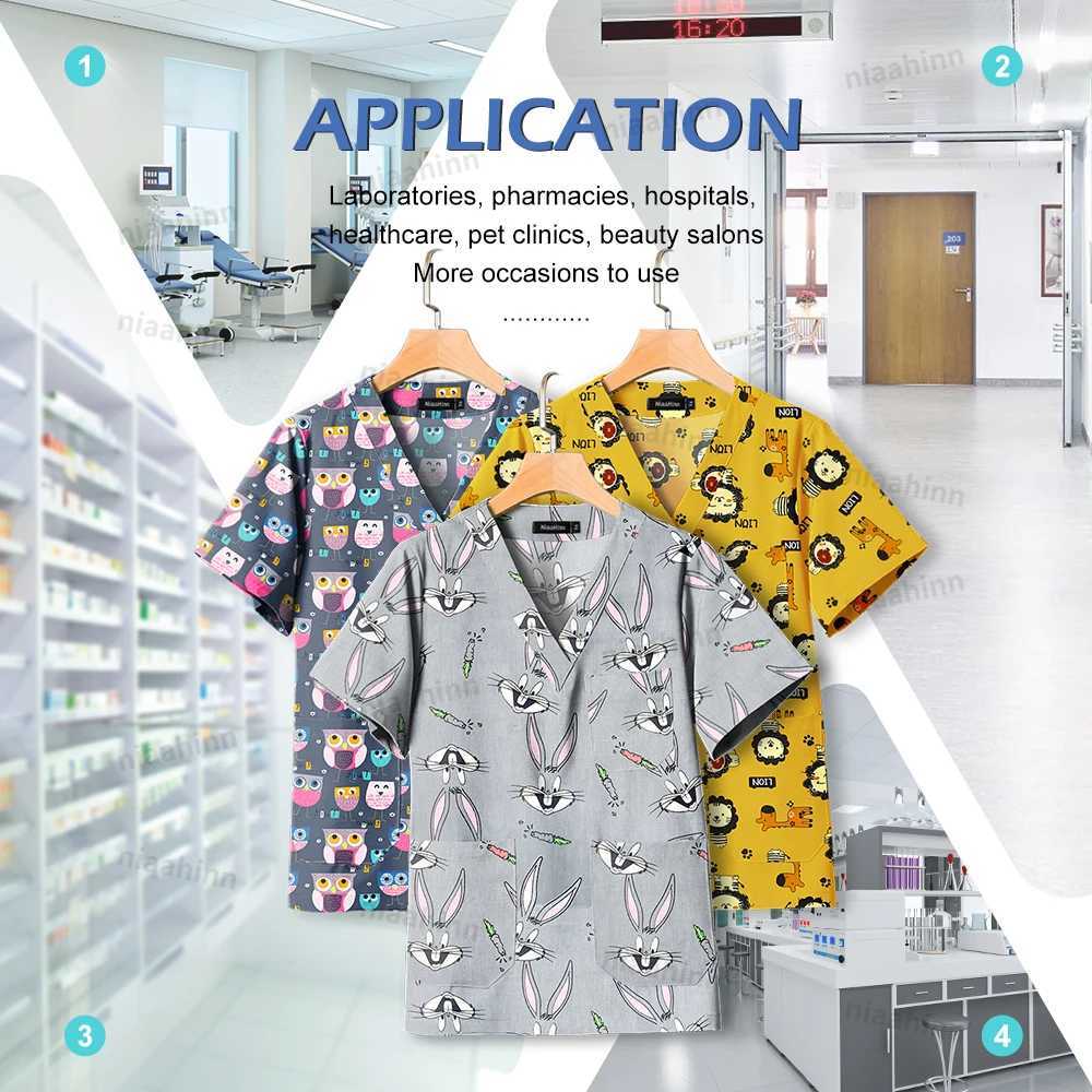 Fashionable Printed Uniform for Doctor and Nurse Scrubs Top Medical Surgical Gowns Dentist Cartoon Cute Workwear Women X250528
