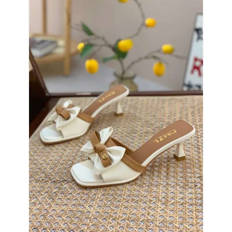 Wearing High Heeled Slippers for External Wear, Korean Fashion Sandals, Fashionable Bow Tie, Square Toe, Slim Heel Women's Shoes