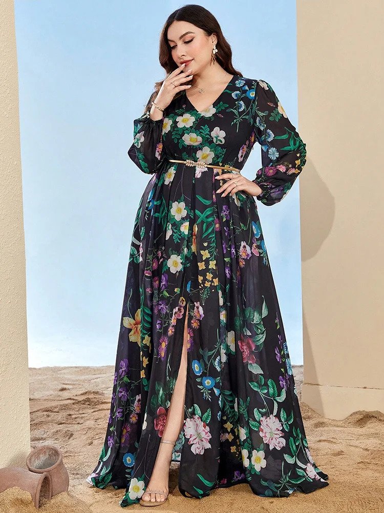 TOLEEN Women Plus Size Maxi Dresses Elegant Print Chiffon Dress With High Split Bohemian Aline Casual Fashion Bridesmaid 250517