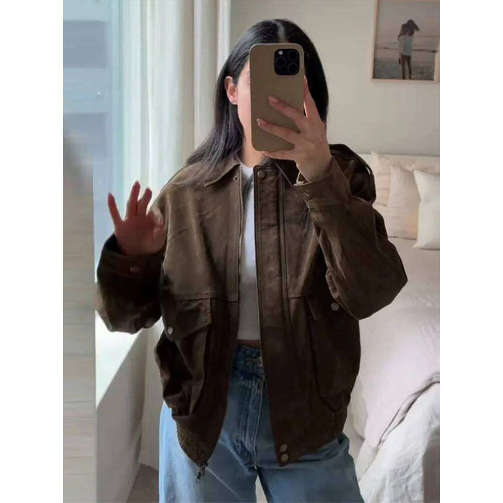 Brown Suede Jacket For Women Fashion Lapel Zipper Long Sleeve Pockets Motorcycle Bomber Coat 2025 New Spring Lady Loose Outwears