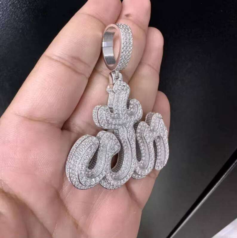 Arabic Islamic Hip Hop VVS Moissanite Custom Made Sterling Sier Gold Plated Allah Pendant
