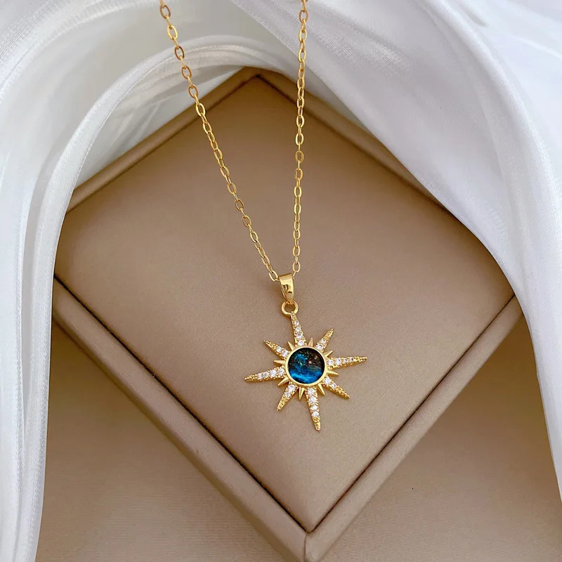 316L Stainless Steel Gold Plated Fashion Bohemian Blue Sun Star Pendant Necklace For Women Punk Party Jewelry 250519