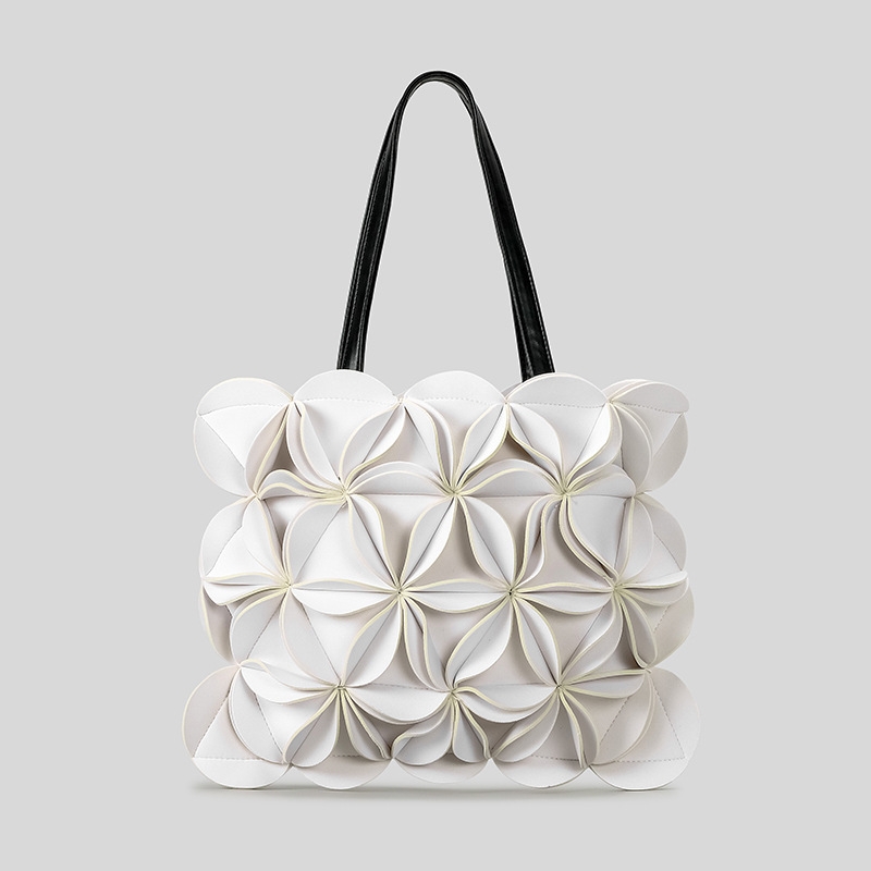 Women's Trendy Pleated Flower Handbag Niche Design Ladies 3D Flower Shaped PU Splicing Shoulder Bag Large Capacity Crossbody Bag