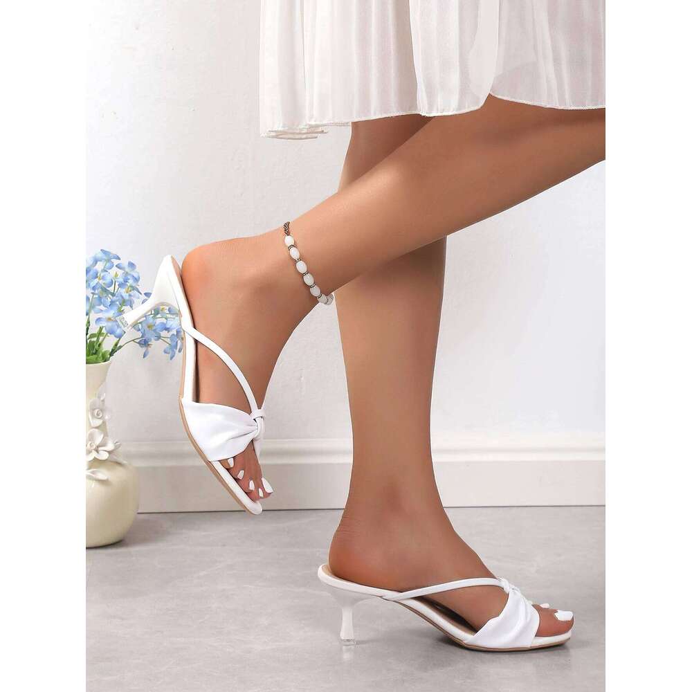 Summer Temperament Bow Knot High Heel Women's Versatile One Line Ribbon Square Head Sandals