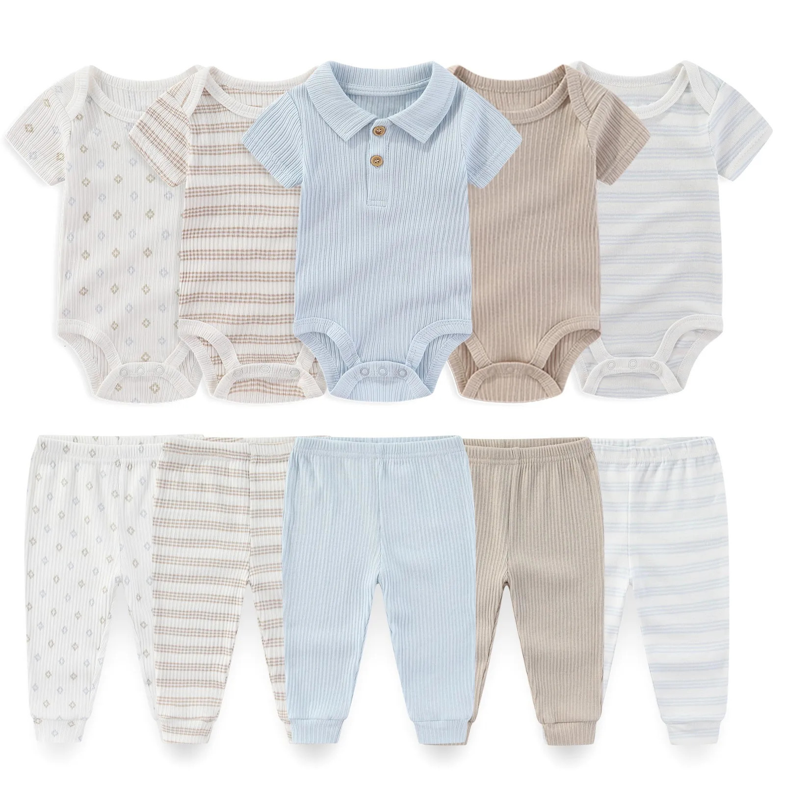 born Unisex BodysuitsPants 6910Pieces Cotton Baby Girl Clothes Sets Sleeveless Cartoon Boy Print Bebes 250528