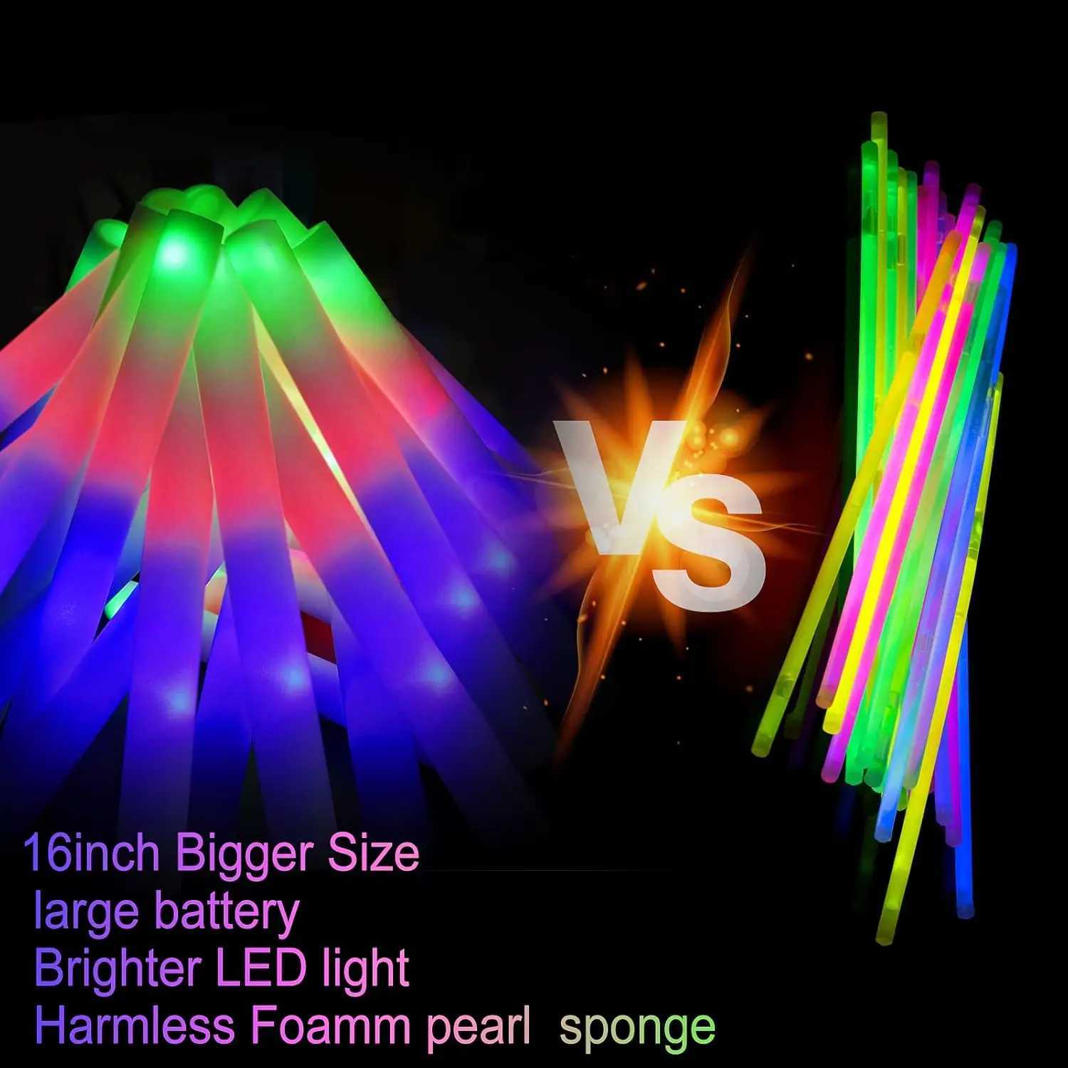 58Pcs Foam Glow Sticks Bulk LED Glow Sticks with 3 Colorful Flashing Modes Long Life Battery Glow In The Dark Party Supplies W250528
