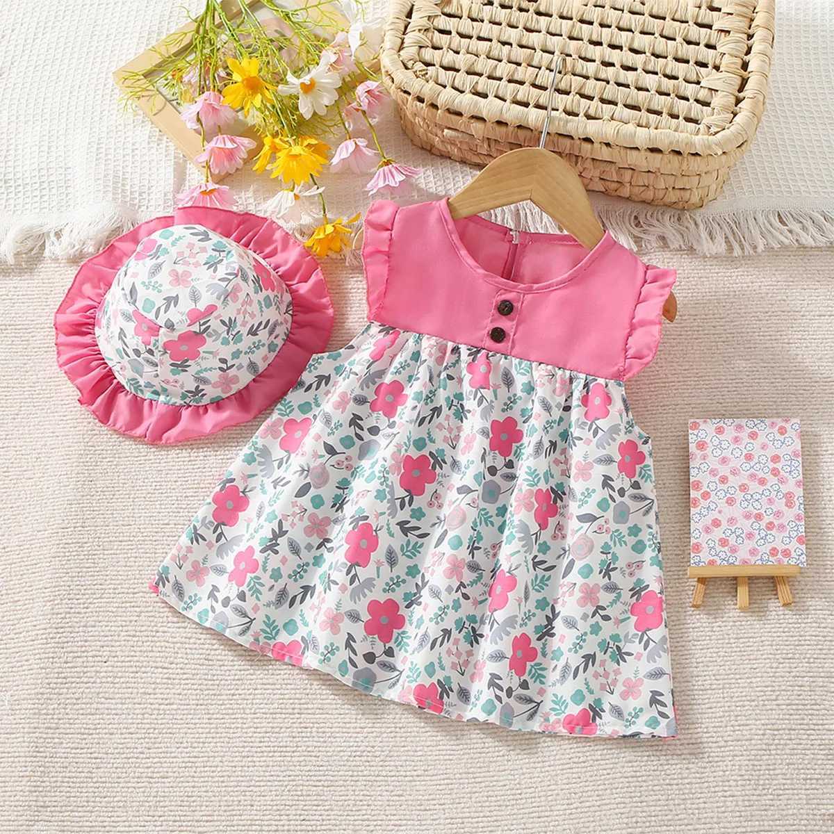 New Summer Baby Girl Floral Dress Girl Sleeveless Pure Cotton Newborn Birthday Dress Comes with Sun Hat X250528