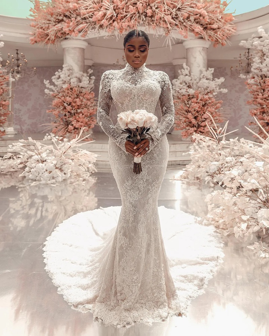 Vintage Mermaid Chart Wedding Dress high neck fulllace long sleeves plus size wedding dresses Bridal Gowns button back sweep train lacefull robe de ma
