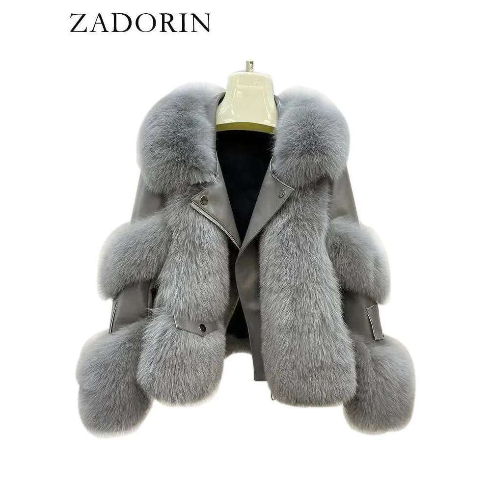ZADORIN New Winter Coats Furry Fox Coat Women Turn Down Collar PU Leather Splicing Warm Lining Faux Fur Jacket