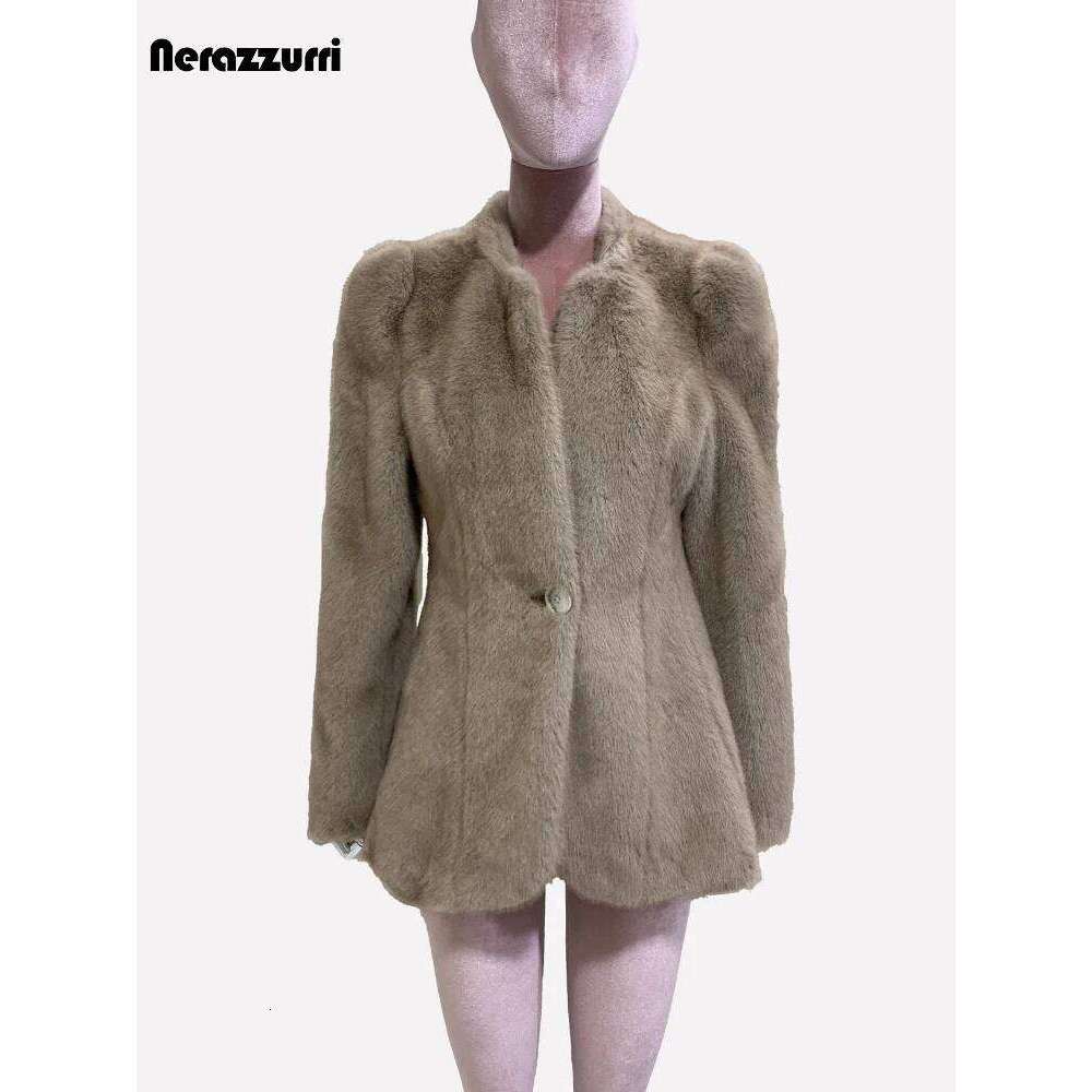Nerazzurri Autumn Winter Elegant Chic Short Fitted Faux Fur Blazer Women Single Button Puff Sleeve Fluffy Jacket 2024