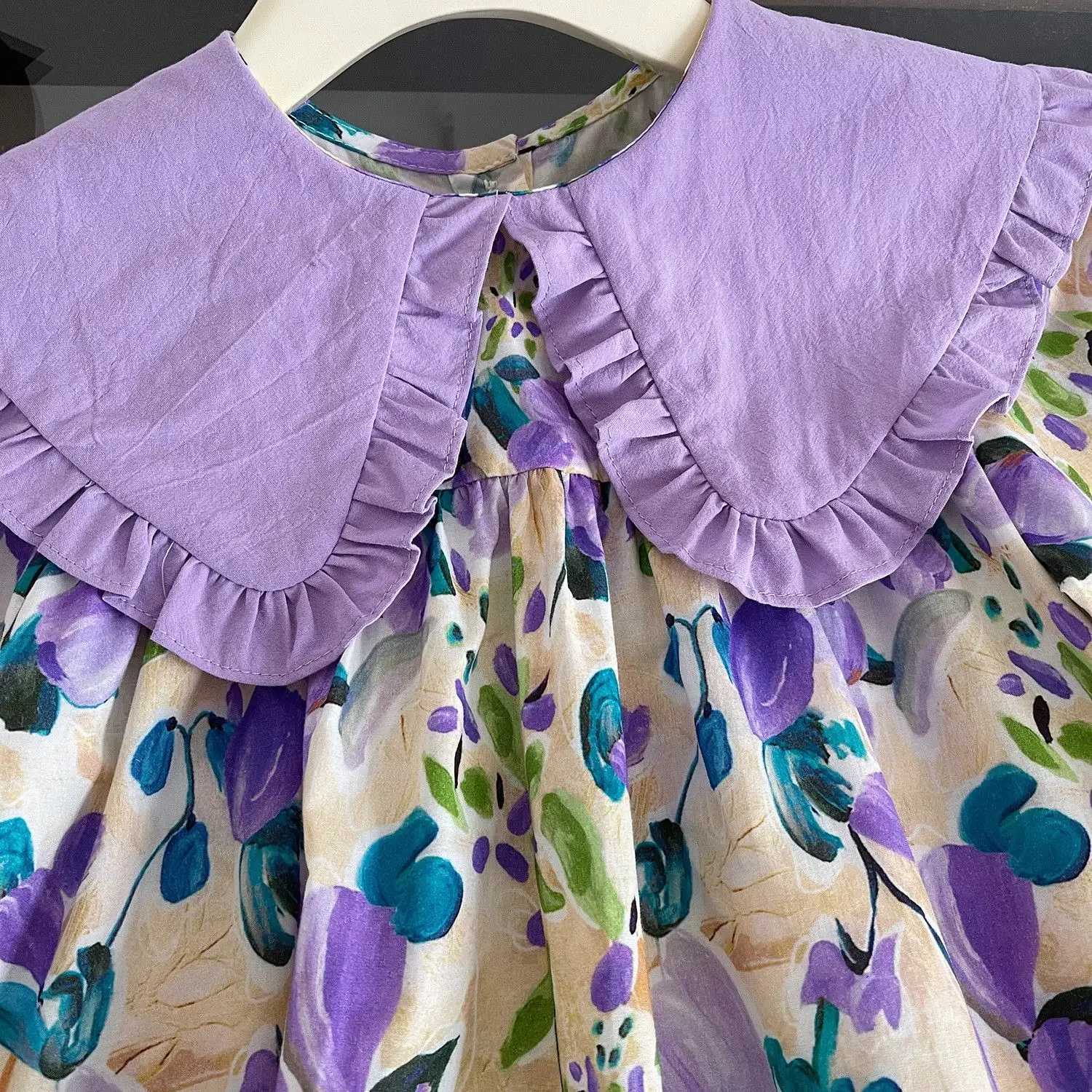 Girls Casual Dresses Purple Flower Print Lace Lapel Puff Sleeves and Long Sleeves Flower Party Dress for Kids Girl 2 To 7 Years X250528