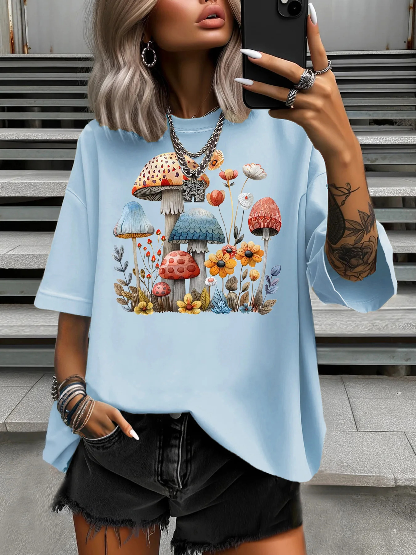 Womens Plus Size TShirt Original n Fashion Mushroom Garden Pattern Printed Casual Round Neck Short Sleeved Tops 250519